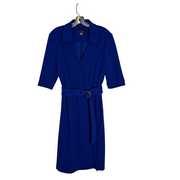Tahari Dresses & Skirts - Tahari Arthur S. Levine Blue Belted Midi Faux Wrap Dress Collared Neck